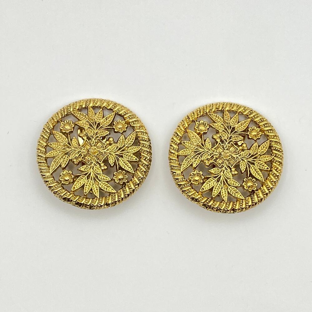 Vintage LES BERNARD Floral Gold Tone Medallion Round Earrings Clip On Like New